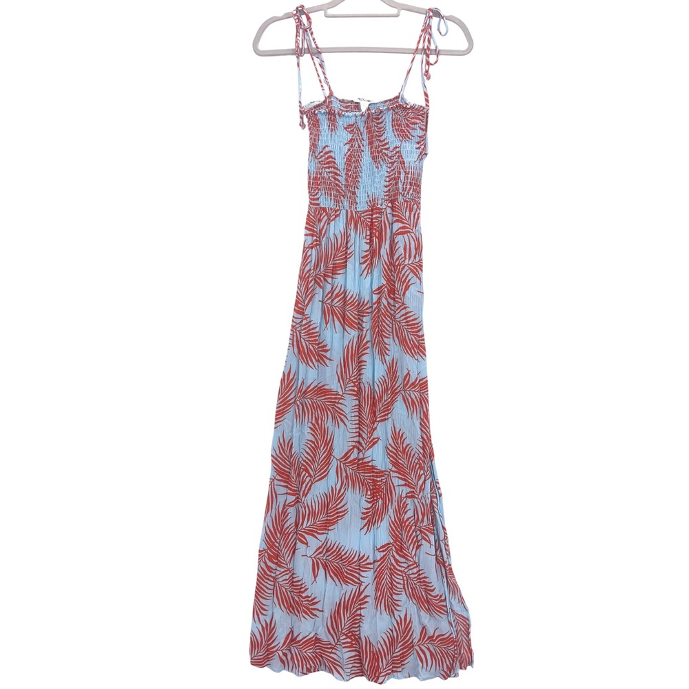 Miley + Molly Blue Orange Palm Leaf Print Smocked Maxi Dress Medium Tie Shoulder